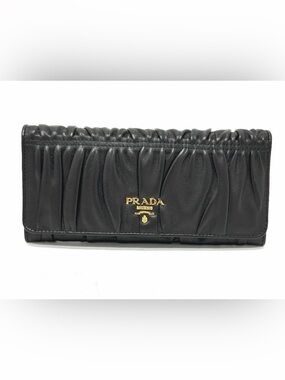 Prada Black Ruched Leather Wristlet with Gold Logo
